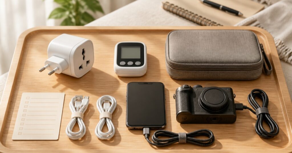 変換プラグ、電圧チェッカー、スマートフォン、カメラ、充電器、ケーブルを並べた旅行準備の机上風景