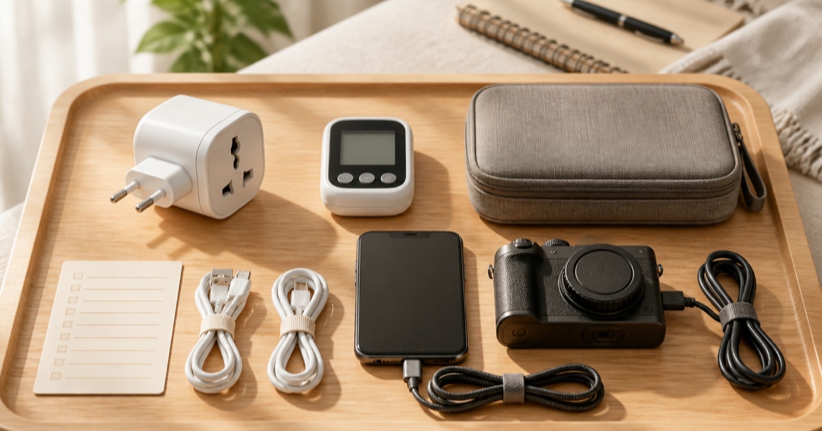 変換プラグ、電圧チェッカー、スマートフォン、カメラ、充電器、ケーブルを並べた旅行準備の机上風景